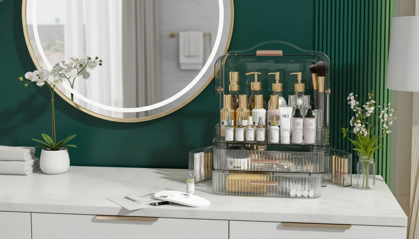 Clear Drawer Makeup Organizer Case + Brush Holder Guide